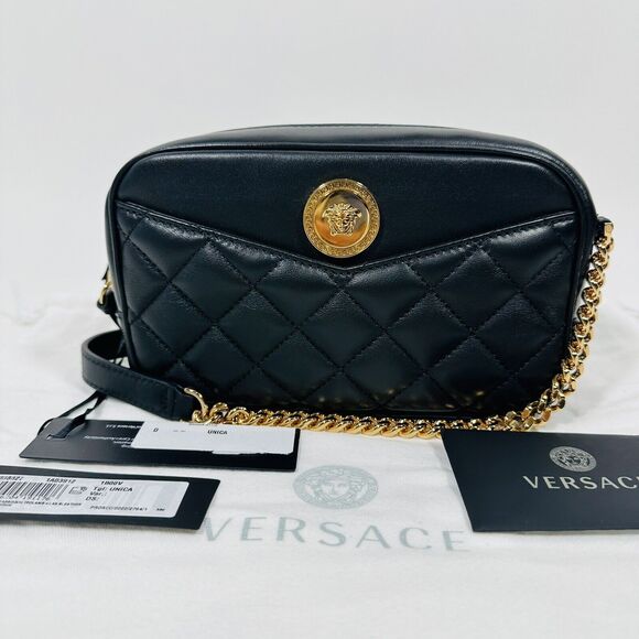 Versace La Medusa Quilted Lambskin Leather Small Crossbody Camera Bag Black NWT - Picture 2 of 10